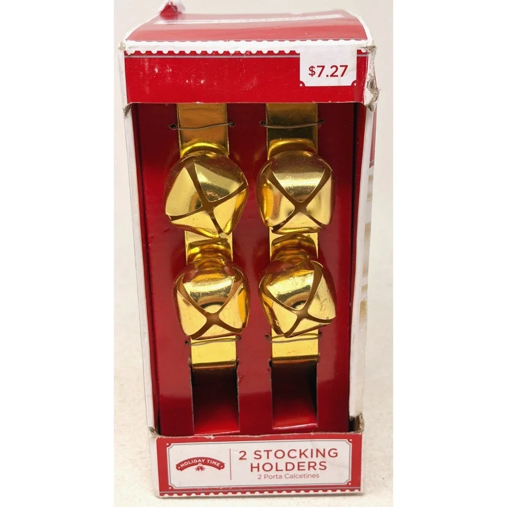Holiday Time Gold Jingle Bell Stocking Holders Set of 2 Mantel Hangers